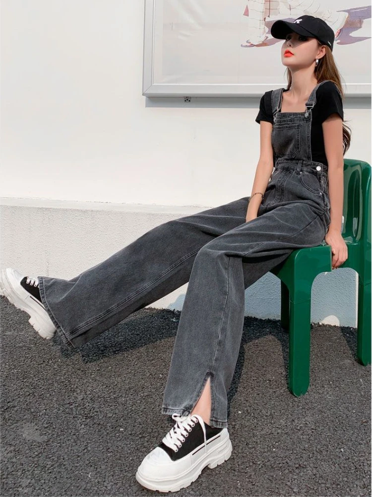 Preppy Style Loose Denim Jumpsuits Women Chic Vintage Patchwork Streetwear Overalls BF Spring Designed Popular Ins Hot All-match