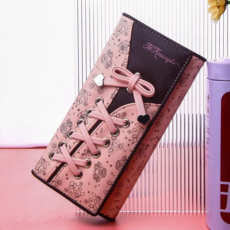 محفظة لوليتا اليابانية للسيدات كاجوال طويلة ذات سعة كبيرة بفيونكة ثلاثية الطي حقائب بطاقات حلوة لطيفة للفتيات