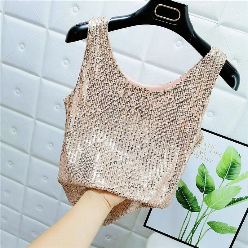 Summer Sparkling Sequins Tank Tops Hollow-out Top U Neck Cropped Sexy Streetwear Camis Tees Woman Tops Summer