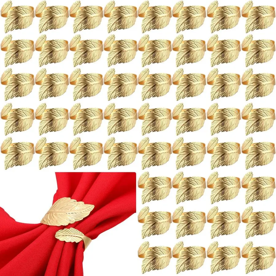 

100 Pcs Gold Napkin Rings for Wedding Shiny Metal Napkin Holder Study Leaf Shaped Table Decor for Dinner Parties Celebrations Re