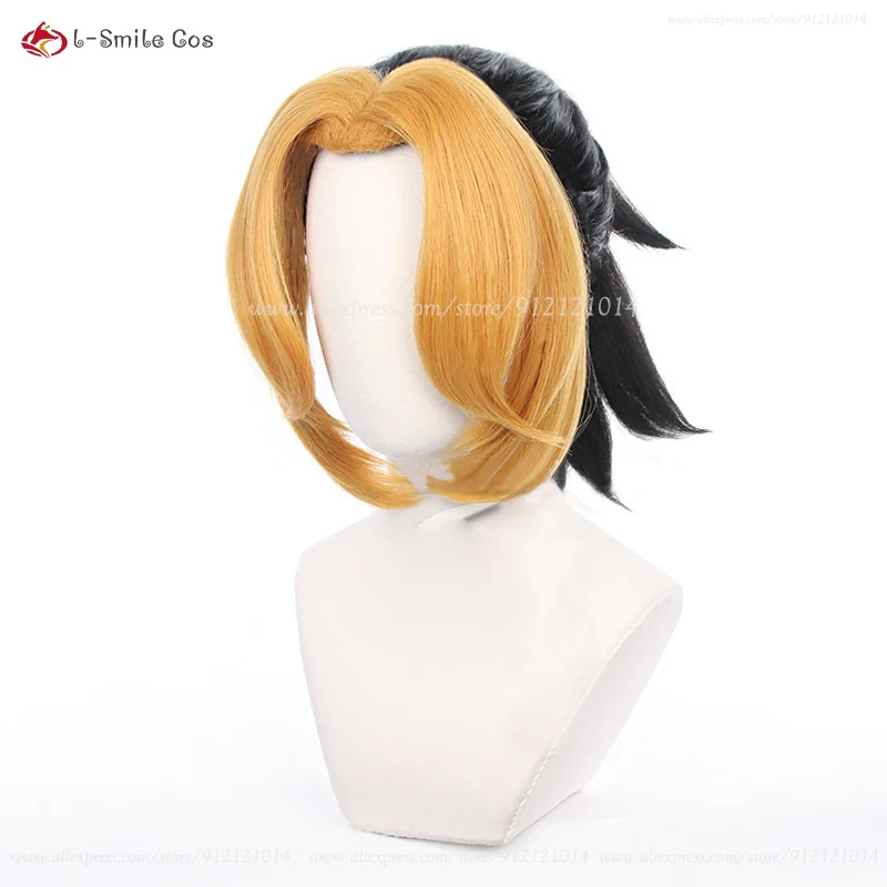 Peluca de Cosplay de Anime Makio, pelo sintético resistente al calor, peluca de esposa Tengen Uzui, negro y amarillo con cola