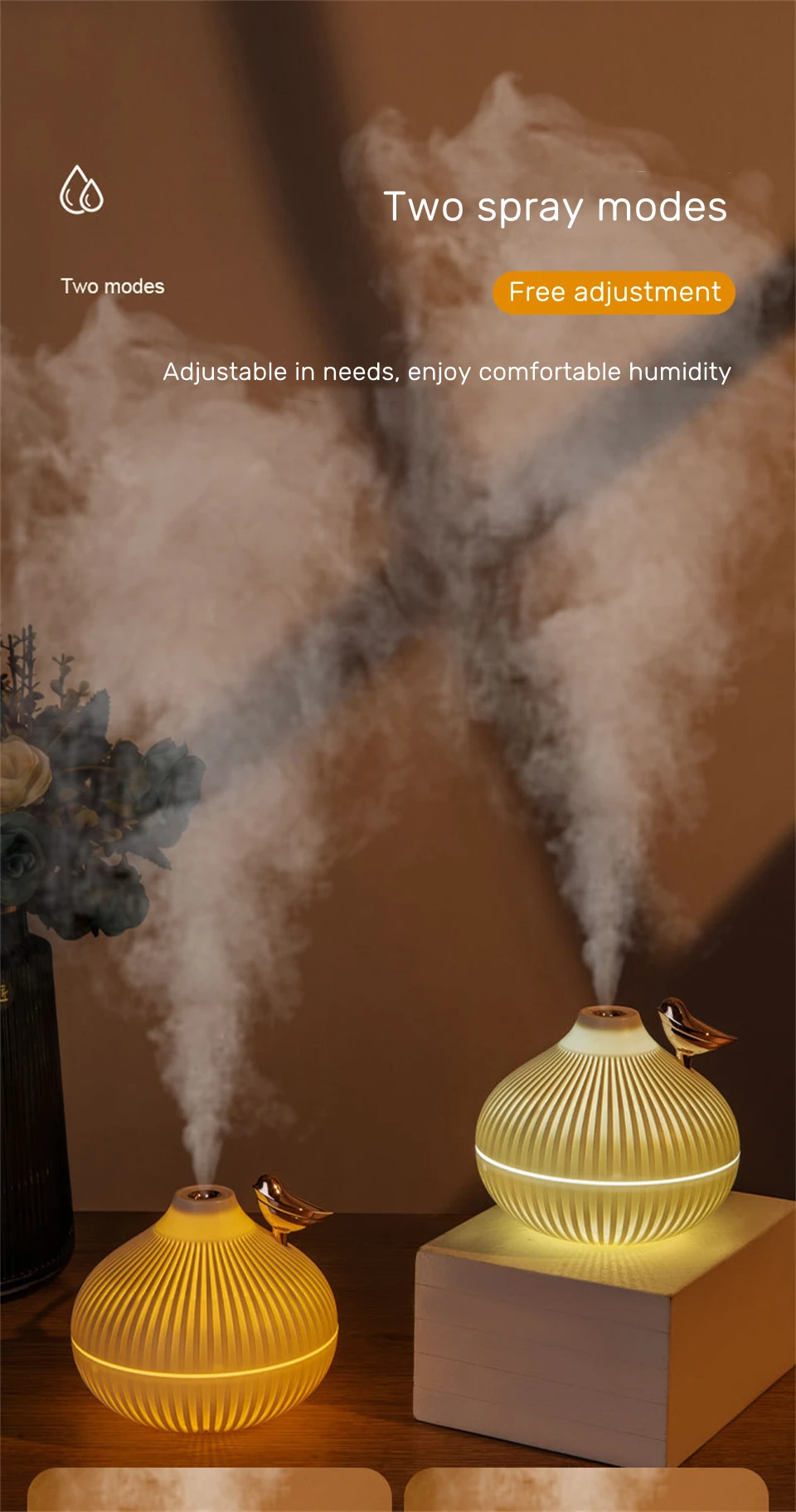 300ml USB Air Humidifier Mini Water Aroma Diffuser with Warm LED Night Light for Home Room Ultrasonic Cool Mist Humidificador