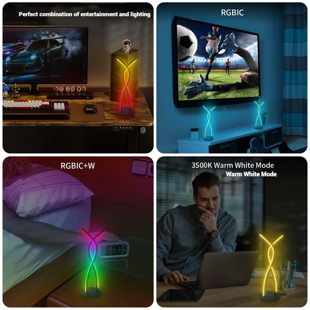 RGBICW Smart Table Wireless Touch Bedside Lamp Nordic Style LED Mood Light for Bedroom Desk Nightstand Color Brightness