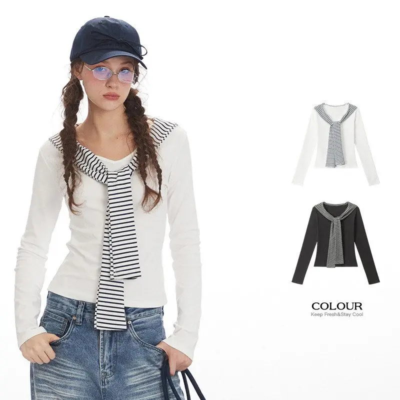 

HeyHenry Long Sve College Sle Korean 2025 Collar Slim Fit Top Women's Fake Two-Piece Navy ort T-irt awl