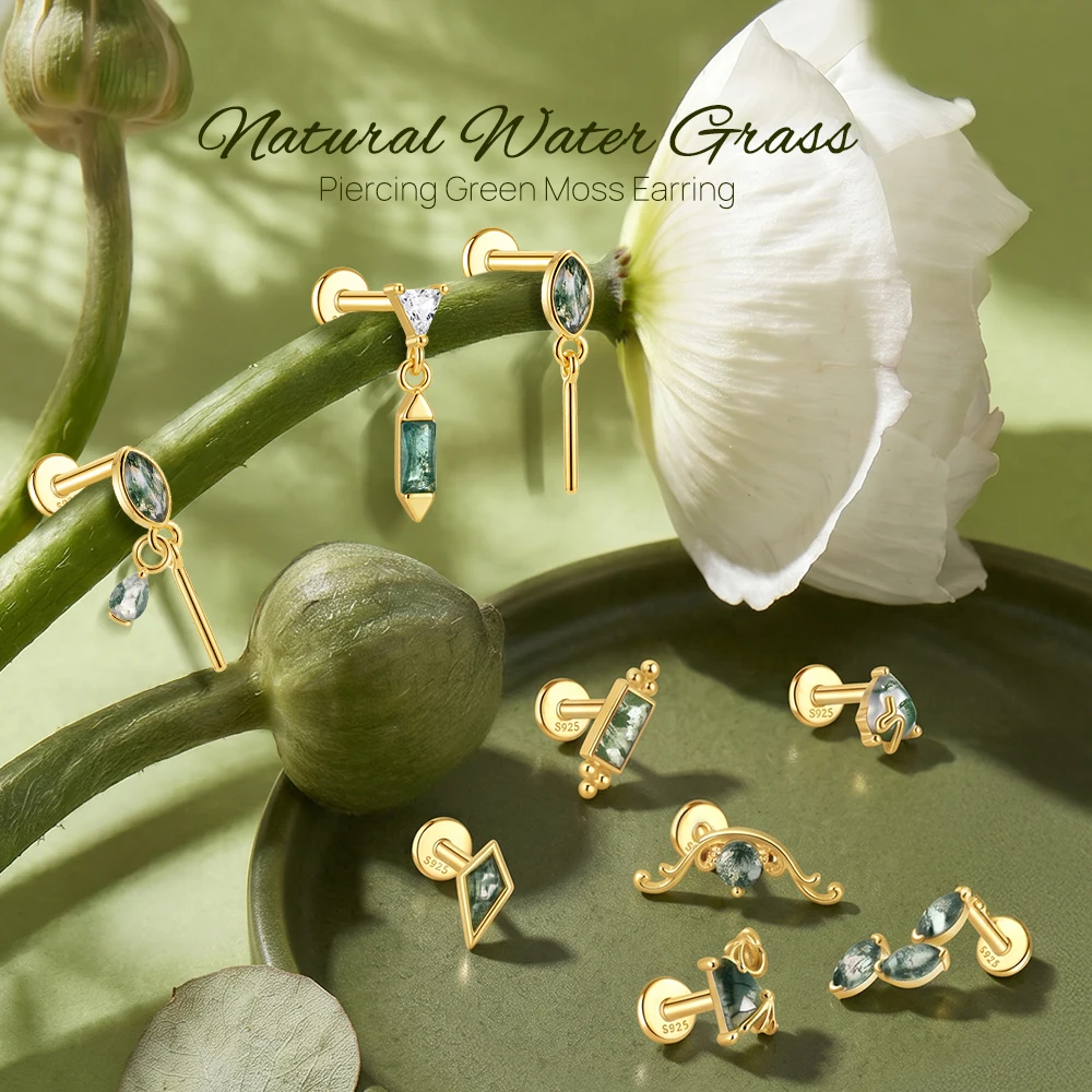 AIDE Natural Water Arass Agate Geometric Waves/Leaves Piercing Earrings Women's 925 Sterling Silver Dainty Luxury Fine Jewelry view 3