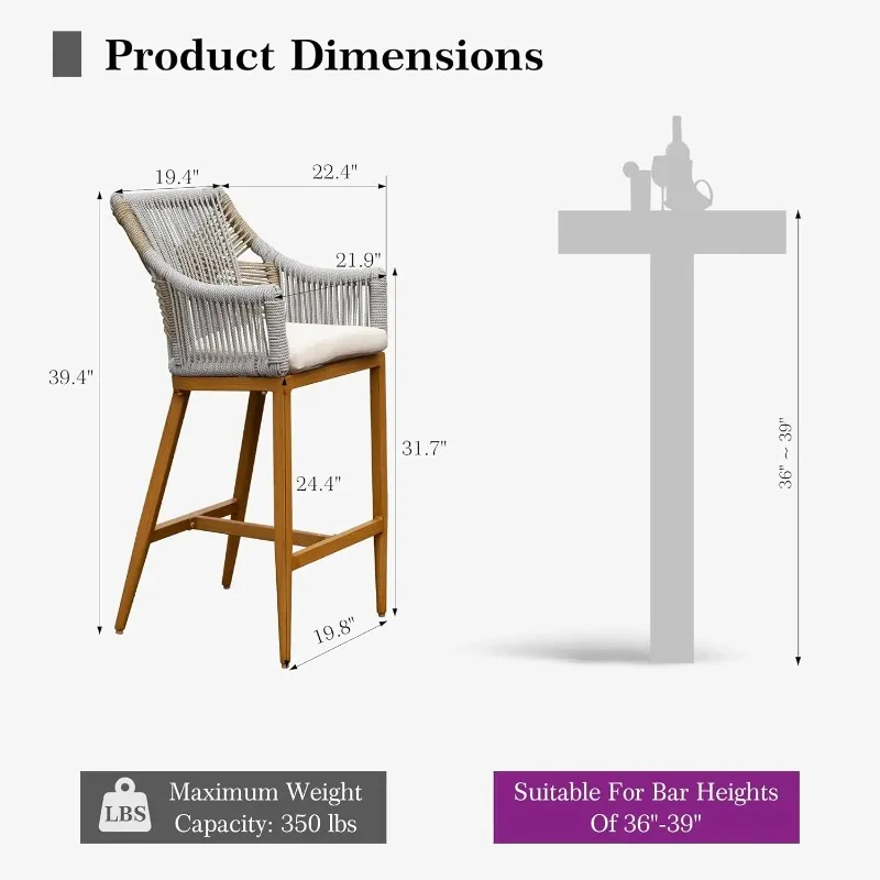 Outdoor Counter Height Bar Stools Set Of 2 Aluminum Patio With Backrest Arm Pool Garden Cushions