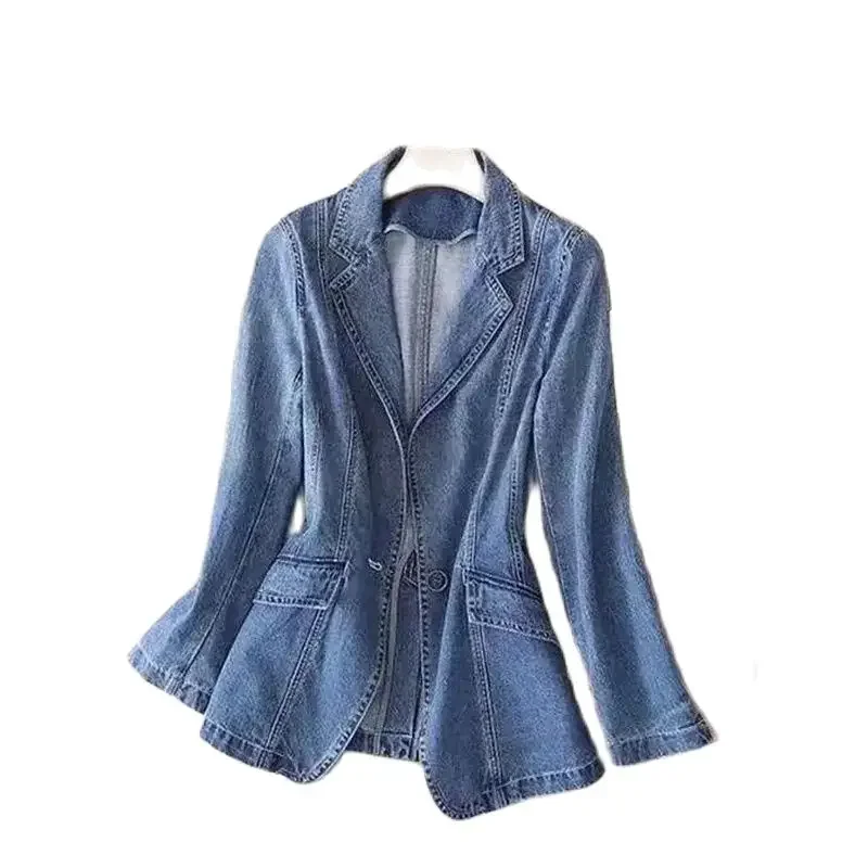 Terno jeans vintage feminino, tops casuais, blazer curto solto, casaco de cowboy feminino, outwear básico, jaqueta jeans, primavera, outono, ERF, novo, 2021