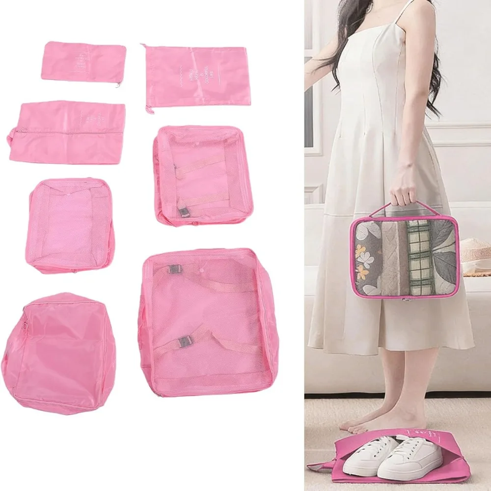 7 Pcs Durable Mesh Breathable Travel Packing Cubes Pink Polyester Cloth Organizers Set Practical Luggage Pouchs Camping