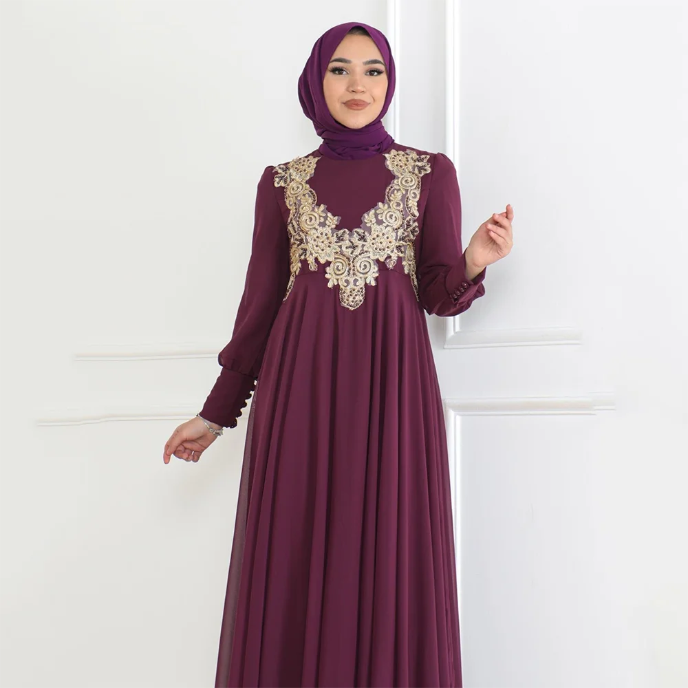 Customized Long Sleeves Long Evening Dresses Elegant Formal Occasion Prom Gowns Chiffon A-line High Collar Prom Dresses