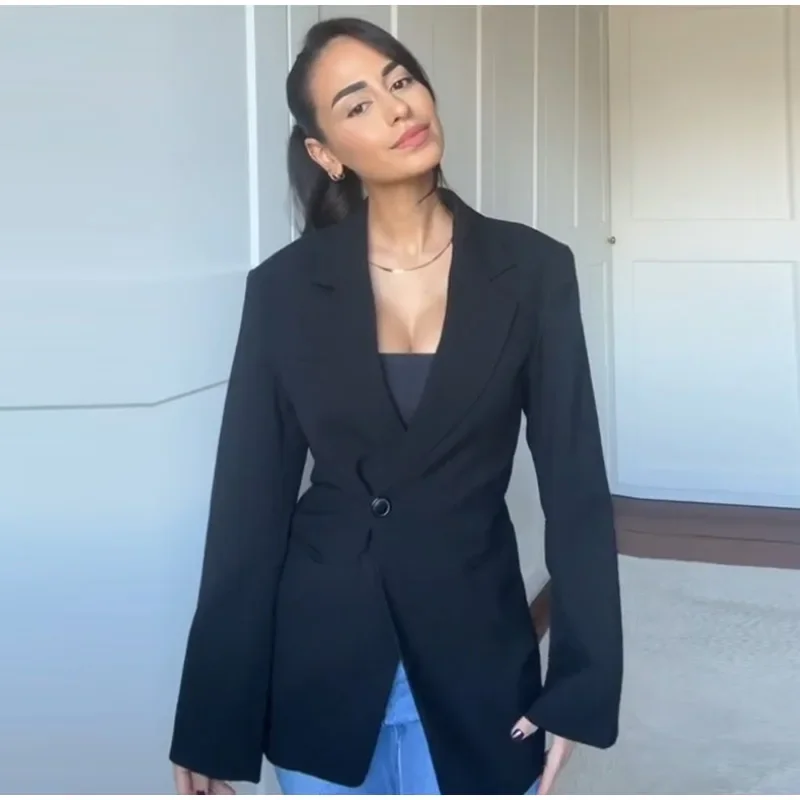 

Women Solid Color Business Blazer Slim Fit Lapel Jacket with Shoulder Pads Long Sleeve Formal Outwear for Office Lady Sprin