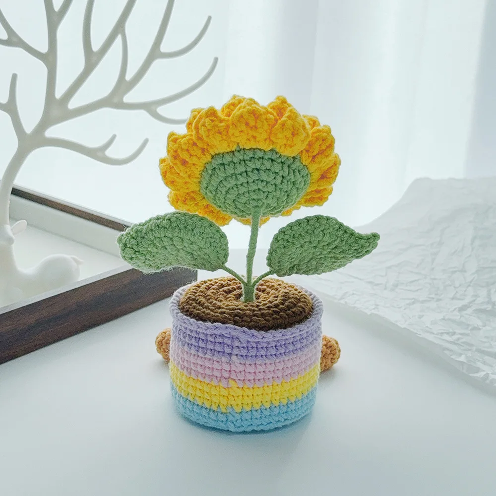 Cute Knitted Crochet Flower Pot Doll, Hand Woven Sunflower Forget-me-not Plant Desktop Home Decor Ornaments