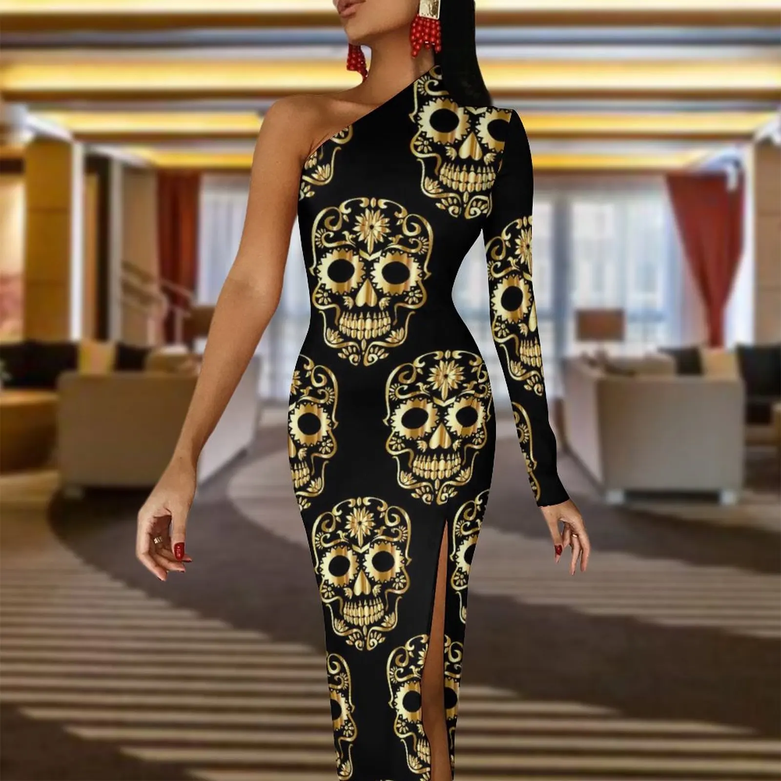 Złota sukienka z czaszką w kształcie cukru Wiosna Abstrakcyjne czaszki Eleganckie długie sukienki z rozcięciem z boku Sukienka na jedno ramię z nadrukiem