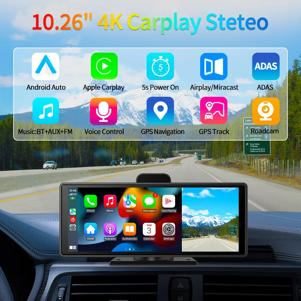 10.26" 4K Dash Cam ADAS Wireless Carplay & Android Auto Car DVR 5G WiFi GPS Navigation Rearview Camera Dashboard Video Recorder image 2