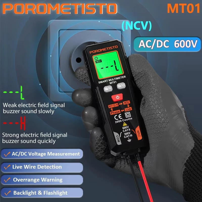 MT01 Digital Multimeter 2000 Counts 600V AC/DC Volt Meter True RMS Auto-ranging NCV Phase Sequence Resistance Continuity Tester with Backlight Flashlight, Smart Auto Mode, Data Hold, Auto Shutdown - Electrician Tool for Home, Car, Industrial
