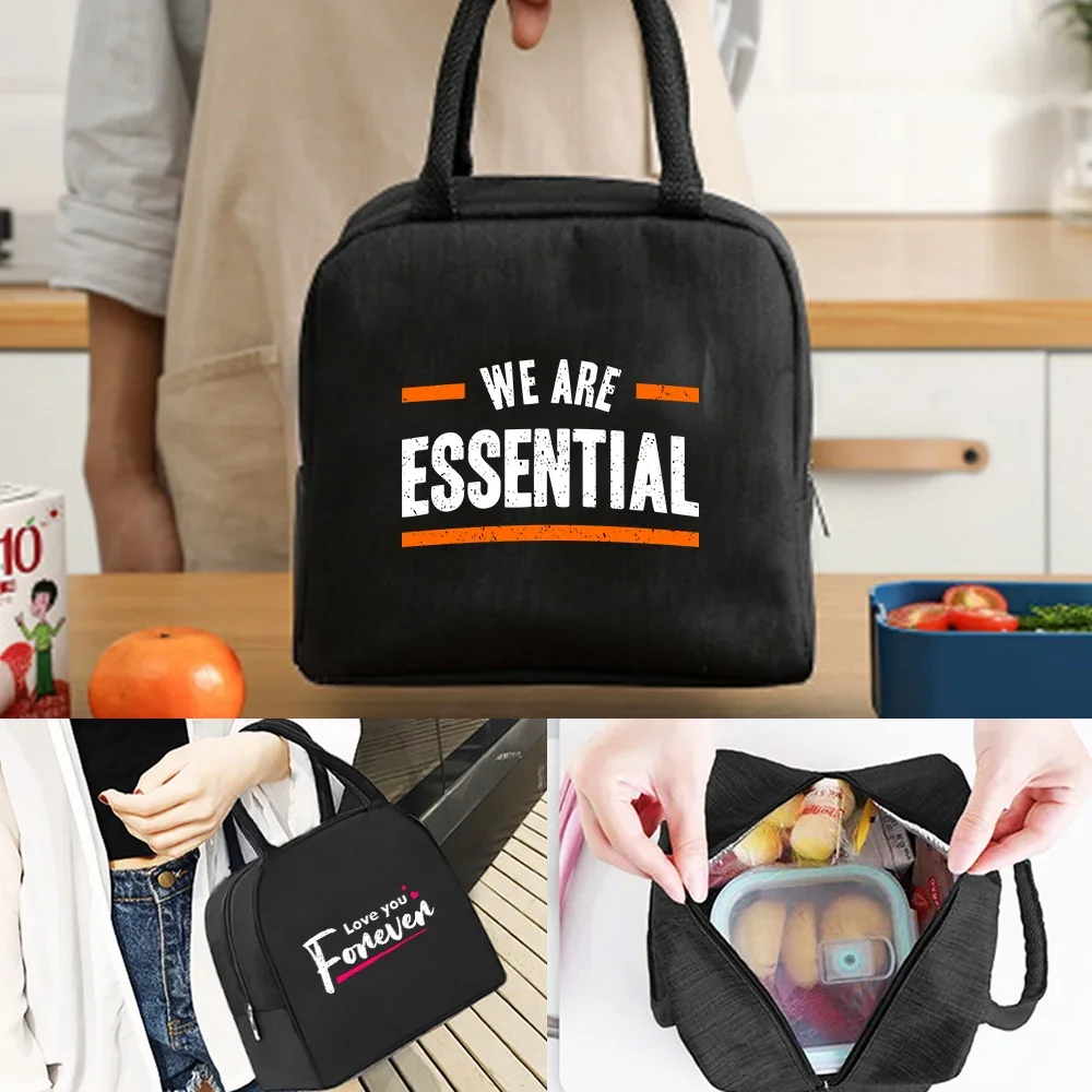 Lunch Bag with Reinforced Handles Smooth Zipper Wipeable Inner Phrase Pattern and Cute Panda Icon for Office Daily Use Unisex