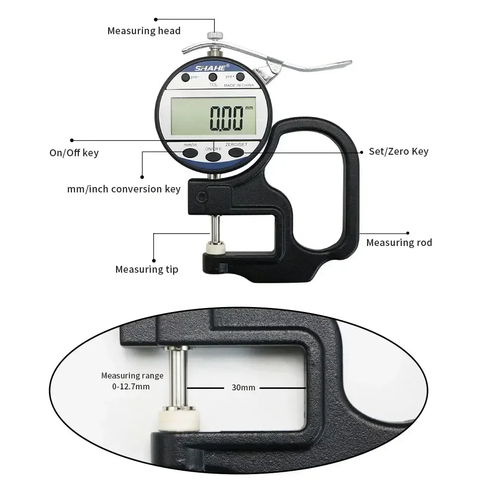 SHAHE Digital Thickness Gauge12.7/25.4mm 0.01mm Thickness Meter Inch/Metric, Suitable for Paper/Film/Leather/Wire Thickness