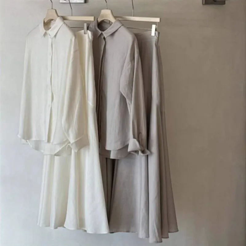 BJTZ Fashionable Loose Long Sleeved Shirt Slim Fit Skirt Two-piece Set For Women 2025 Spring Summer New Casual Solid Color Sets image 3
