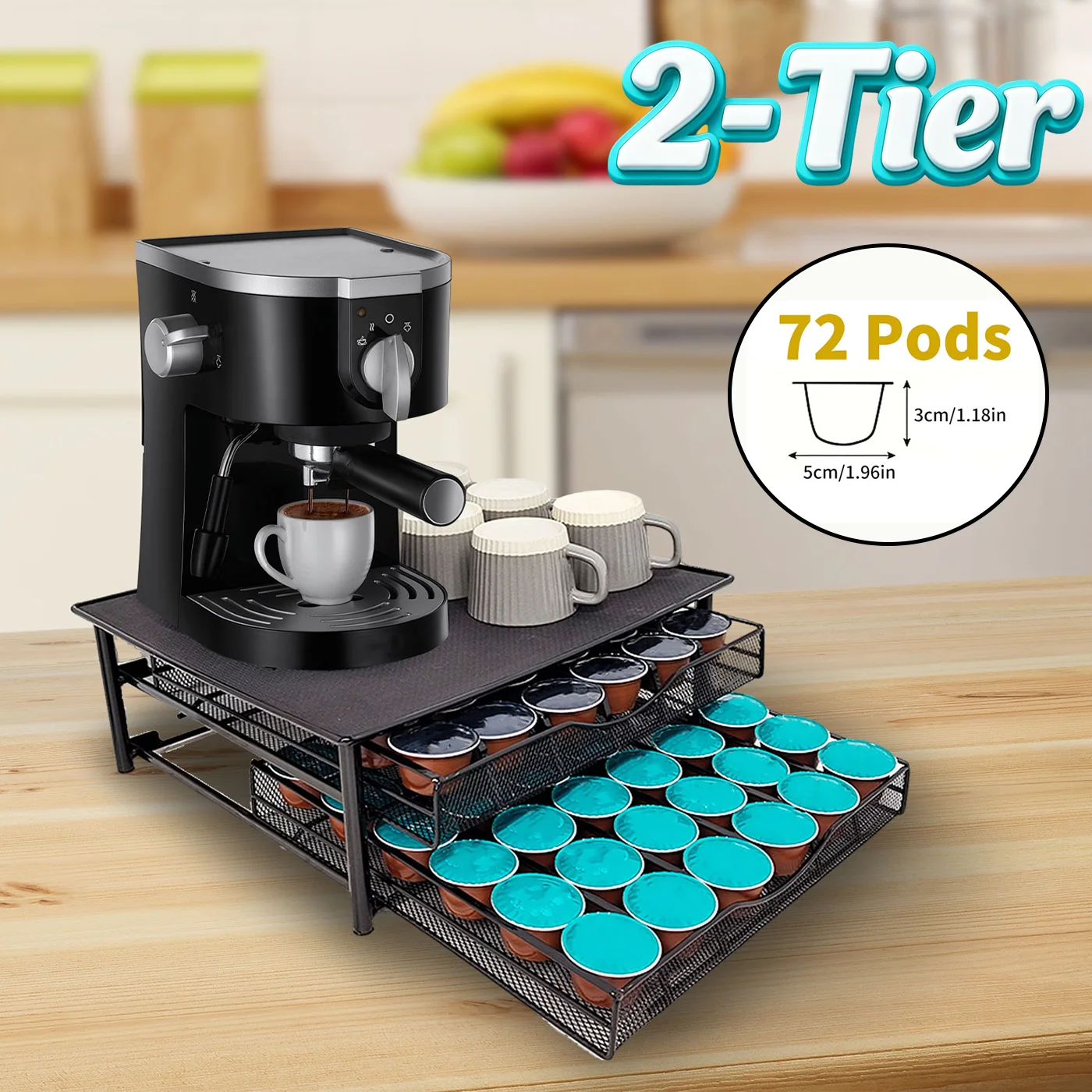 Support pour capsules de café Dolce Gusto, 72 capsules, double tiroir, organisateur de rangement en métal avec support pour machine à café, pour la cuisine, le bureau