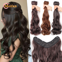 V-Shaped Clip in Extensions Synthetic 4-Clips Wavy Hair Extensions Brown Black One Piece Extensions for Women Daily Wear