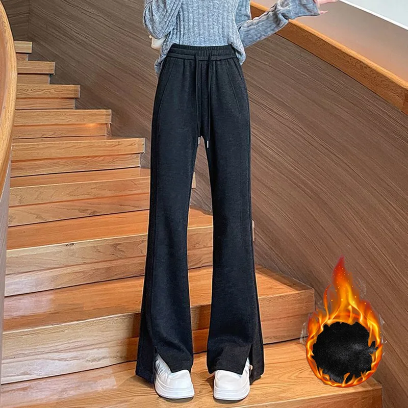 2025 inverno meninas calças de lã sólida feminino chique cintura alta calças de pelúcia senhora neve quente casual diário calças térmicas