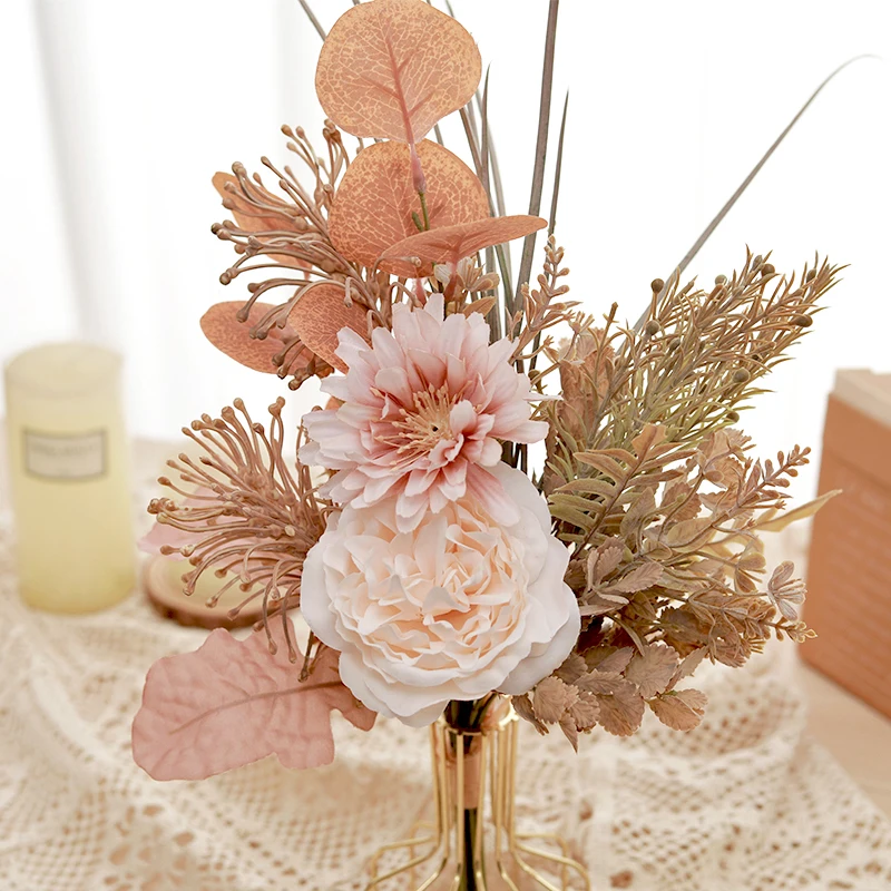 Pampas Künstliche Blumen für Hochzeit Dekorationen Mittelpunkt Pfingstrose Bouquet Champagner Großen Gefälschte Rosen Hause Tisch Zimmer DIY