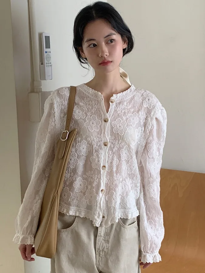 

Chic Sweet Floral Embroidery Long Sve Women's irt Summer New Design Sensation Lace Trim Top Ele Faionable