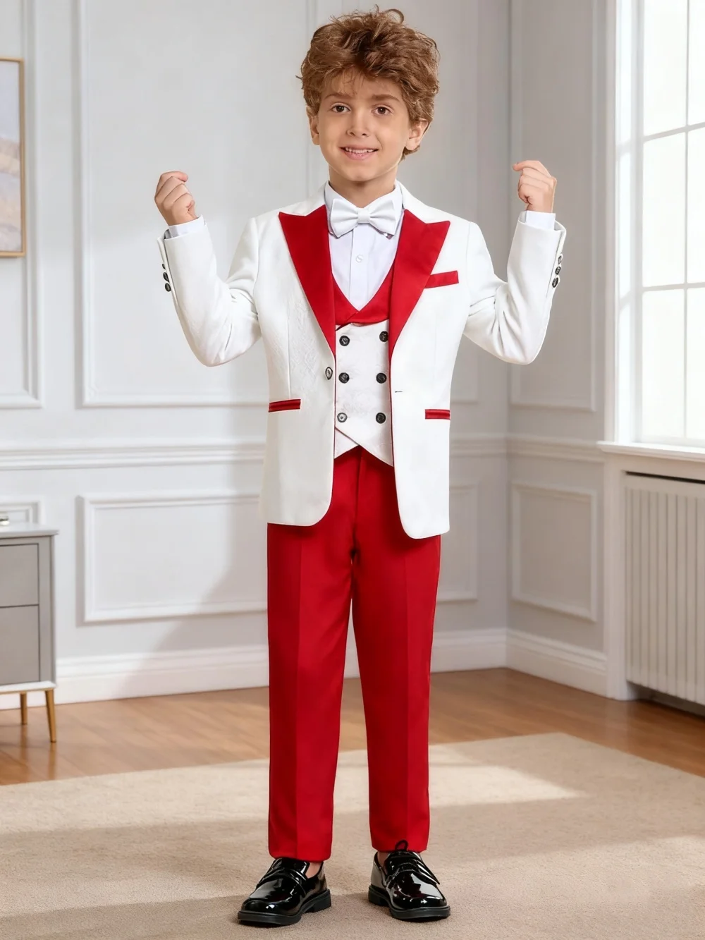 

Handsome Kids Tuxedo Set 4PCS Jacket Vest Dress Pants Bowtie Boys 3-14 Pageant Party Jacquard Jacket Photoshoot Wear 24H Ship