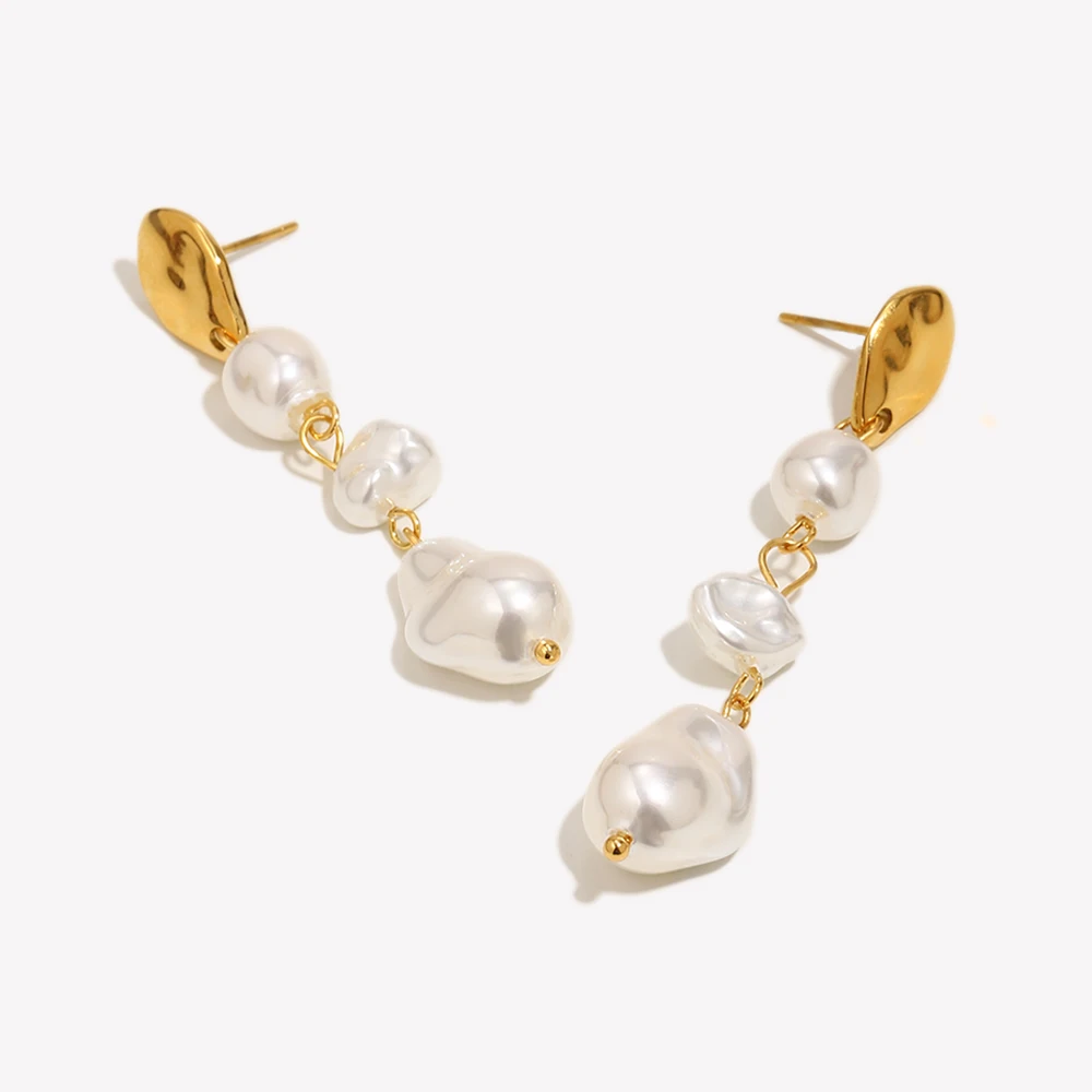 E.B.belle New Elegant Style Gold Plated Irregular Shape Imitation Pearl Stud Earrings Stainless Steel Hypoallergenic Jewelry