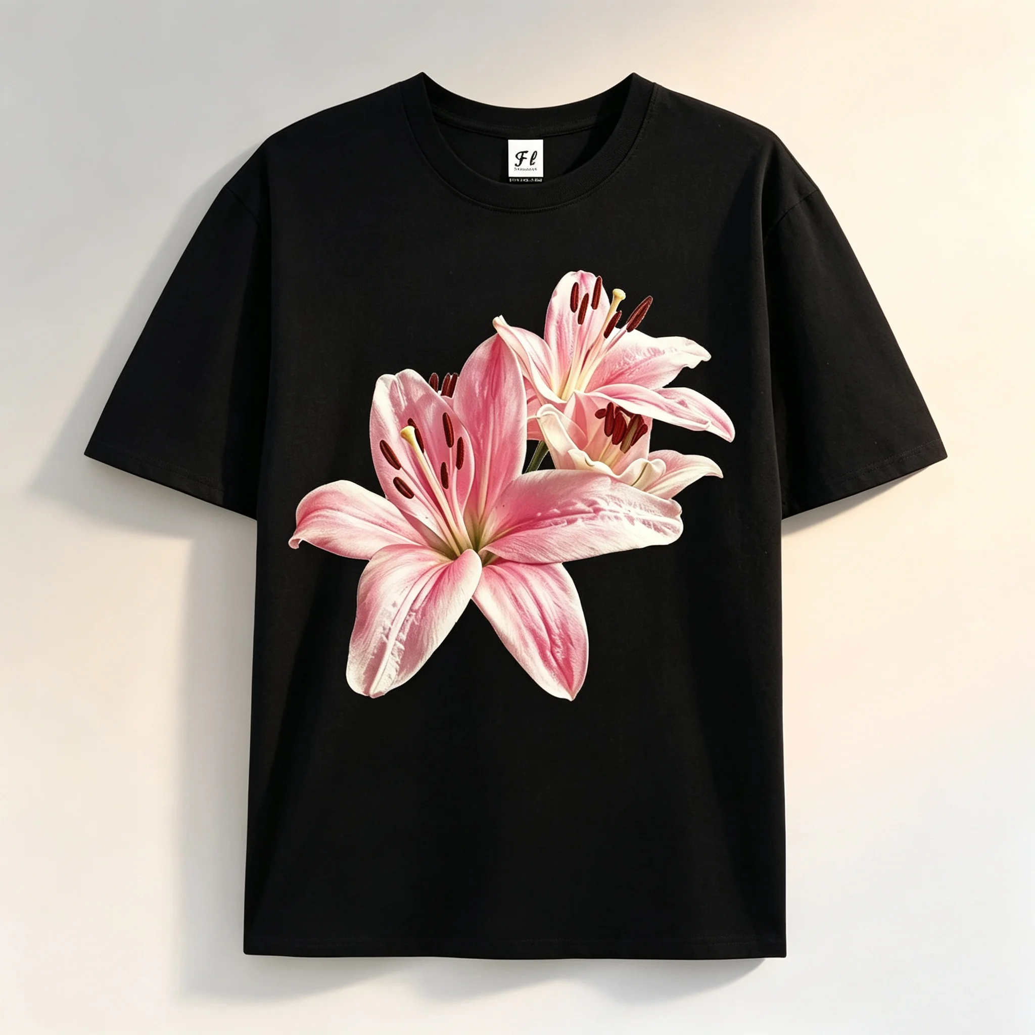Pink Lily Flower Realistic Print Crew Neck Short Sleeve T‑Shirt Retro Floral Art Pattern Casual Trendy Top
