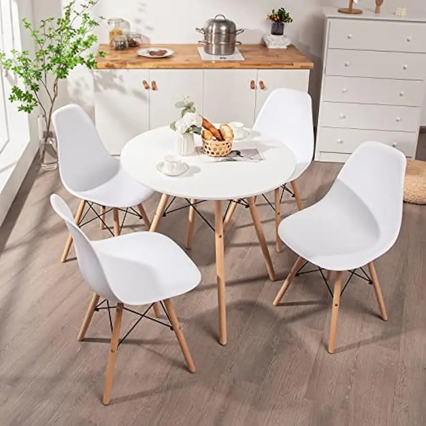 Round Dining Table Set for 4, 5-Piece Kitchen Table Chairs Set, Modern 31.5" D Dining Table,4 Dining Chairs with Solid Wood Legs