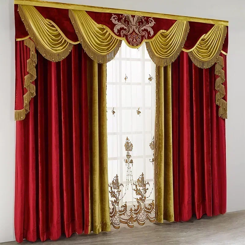 Rideaux finis assortis pour chambre à coucher, villa de luxe américaine, velours rouge, style palais européen haut de gamme, pare-soleil, document