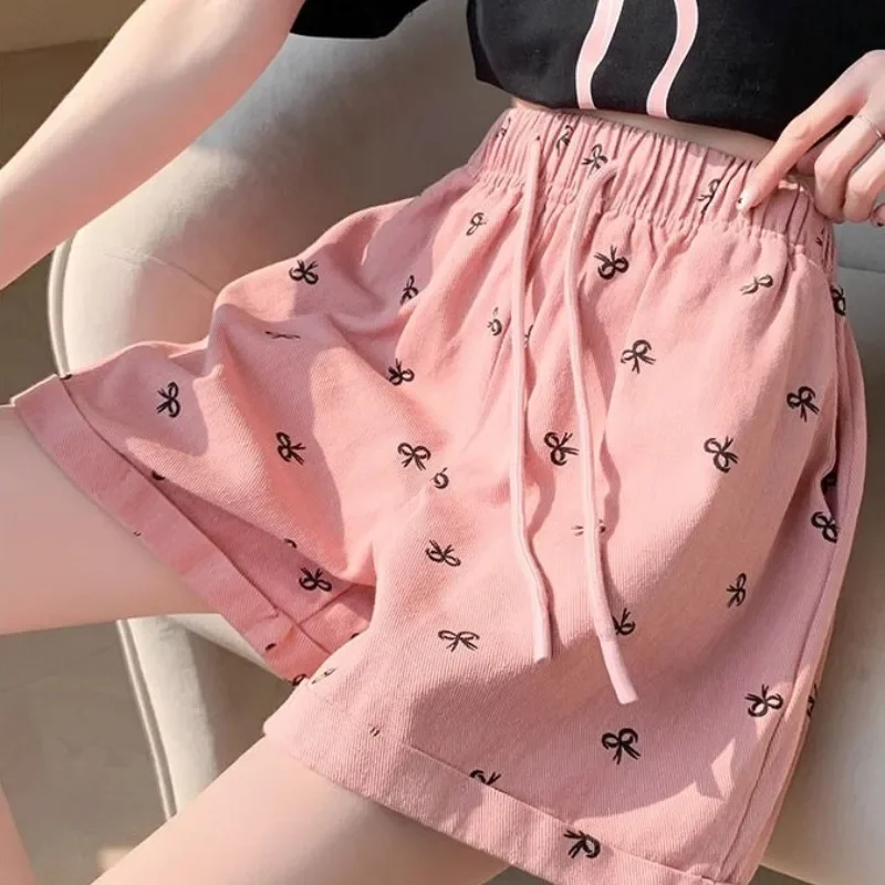 Elastic Waist Women's Shorts Pink Wide Female Short Pants High Cotton Korean Style Aesthetic 2000s Clothes Y2k Harajuku XL Comfy