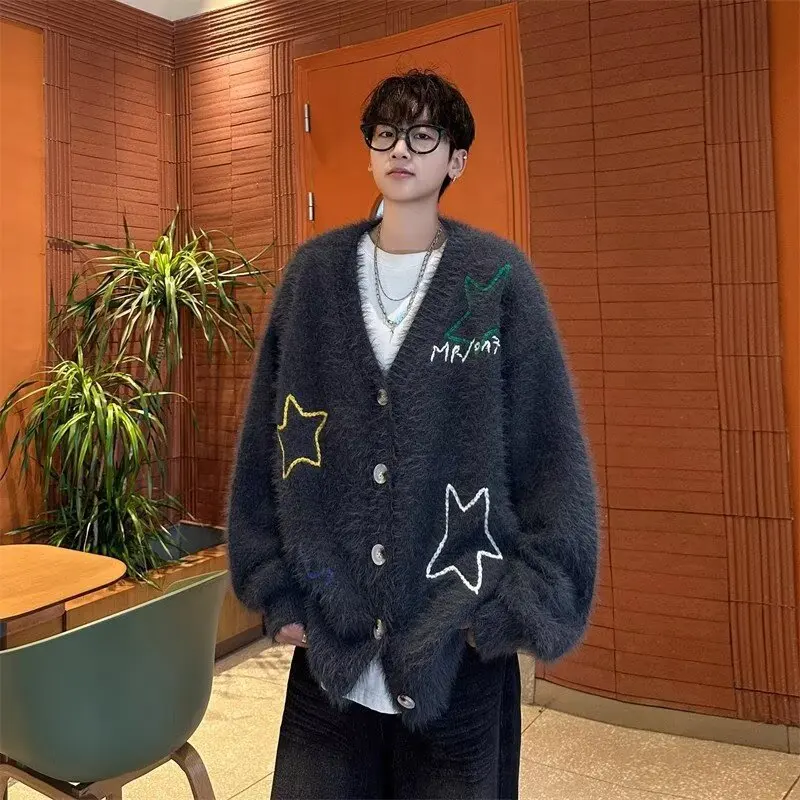 

Вязаный кардиган свободного кроя женский, с круглым вырезом, длинный рукав, осенне-зимний, больших размеров, с забавным узором, уникальный, художественный, стильный, верхняя одежда