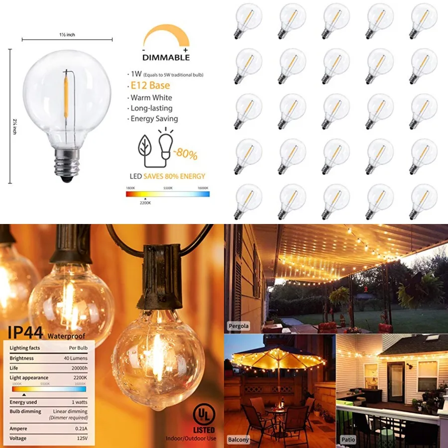 

G40 Led Replacement Light Bulbs 1W Shatterproof Globe Bulb fits E12 or C7 Candelabra Screw Base Sockets, 1.5 Inch Dimmable Ligh