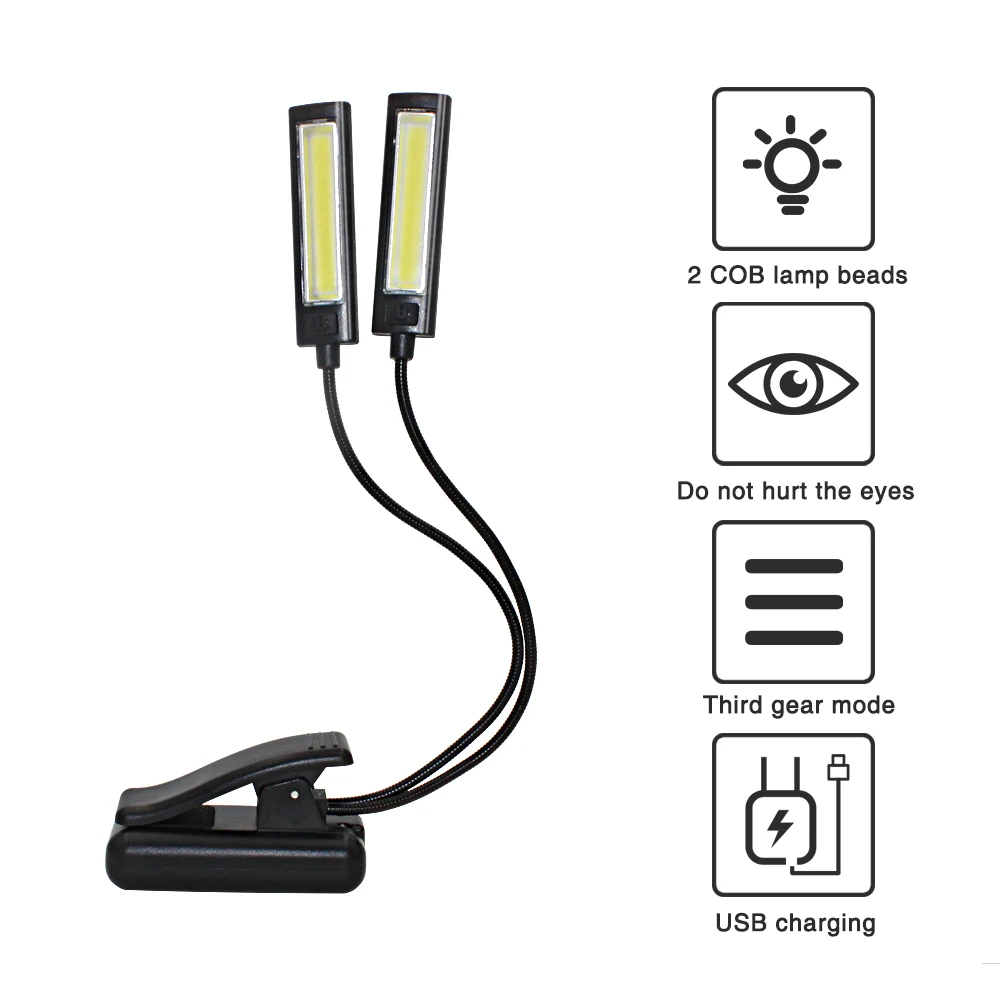 

USB 2 COB светильник со встроенным Батарея, лампа для чтения книг, светильник гибкий 2 Dual Arms клип на фонарь вспышка светильник + USB кабель