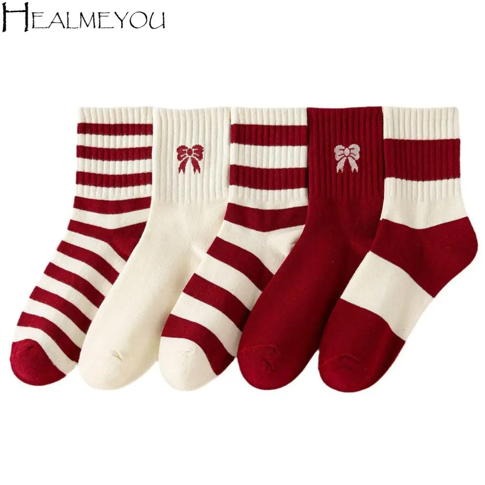 

10 пар лоскутных носков с вышивкой и бантом, Нескользящие дышащие полосатые носки-трубы, милые хлопковые новогодние рождественские носки, уличная одежда