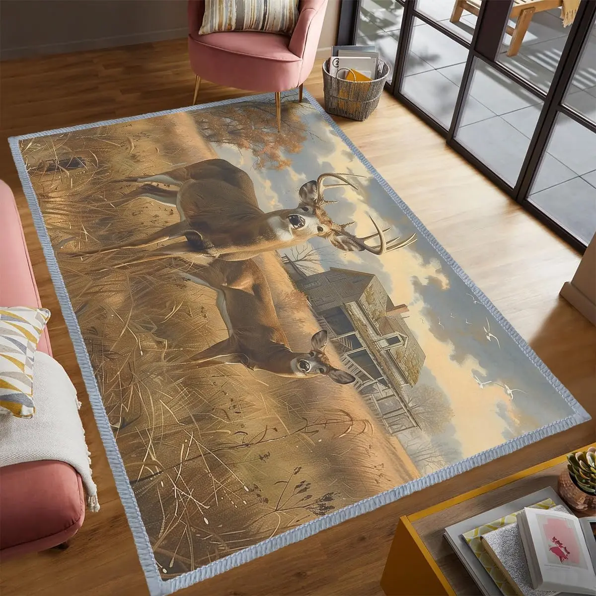 

Большой лесной охотничий коврик для гостиной и спальни с изображением животных, нескользящий коврик для столовой с низким ворсом, который можно стирать в машине, акцент в помещении