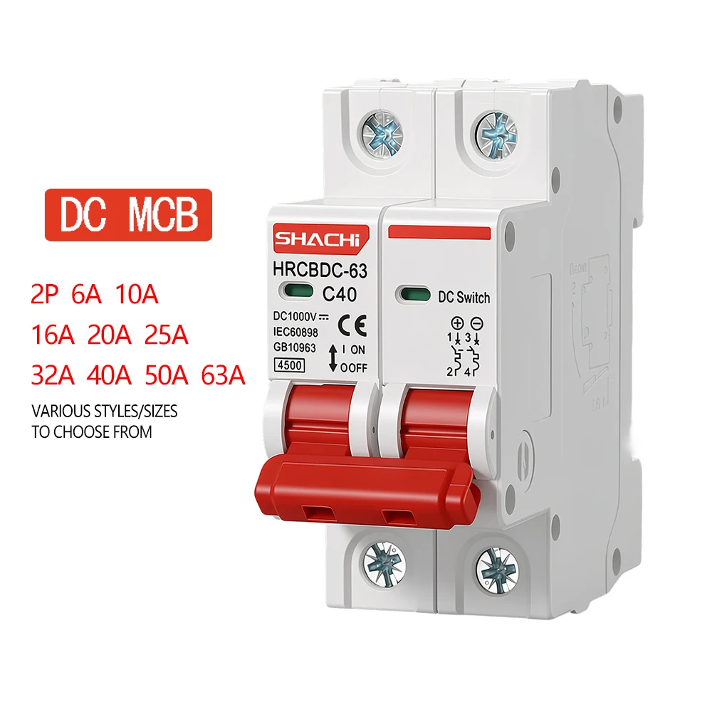 SHACHI 2P DC MCB 1000V Solar Mini Circuit Breaker 3A 6A 10A 16A 20A 25A 32A 40A 50A 63A DC MCB for PV System