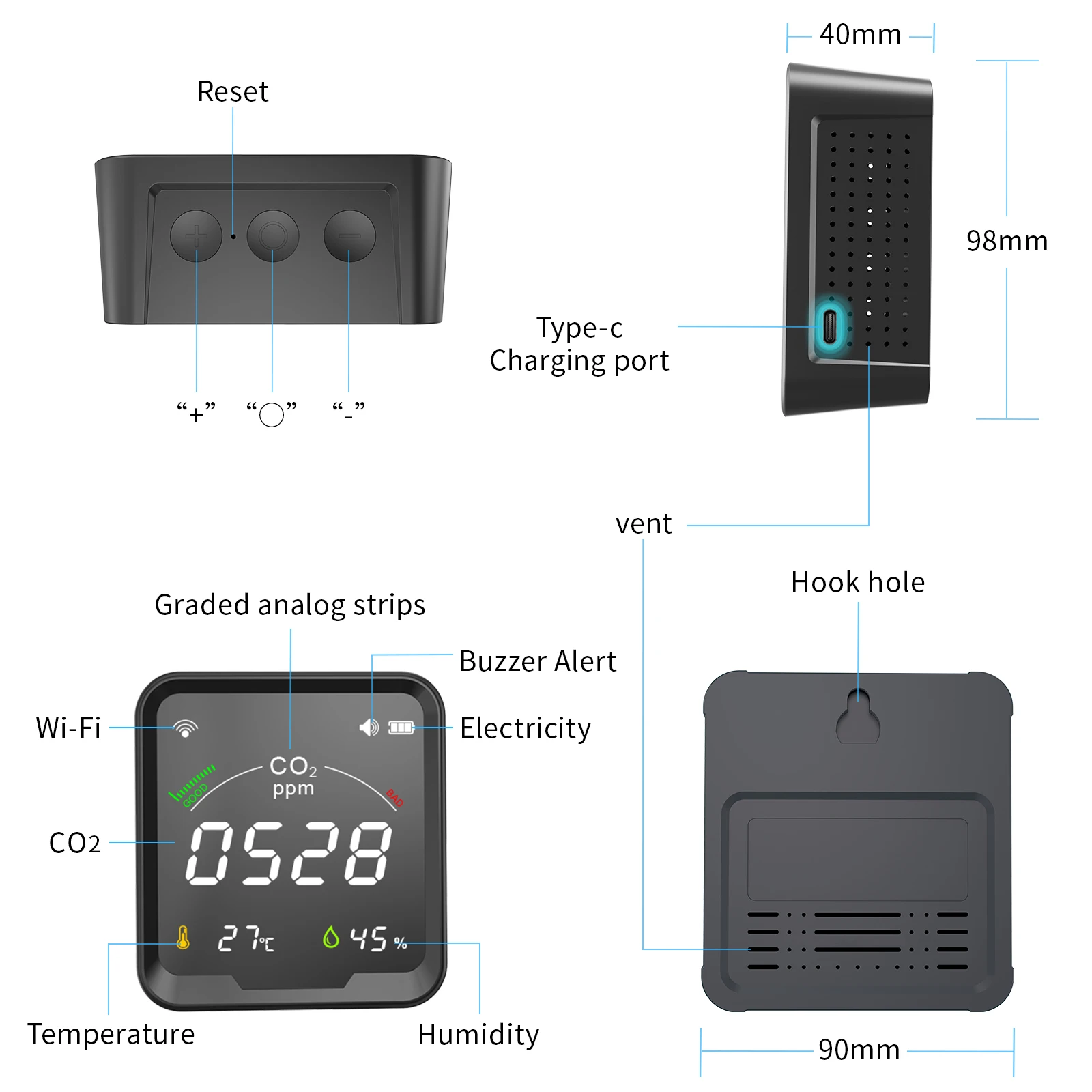 PTH-9CW SMART Handheld Portable NDIR Co2 Carbon Dioxide Detector Co2 Meter Sensor Monitor