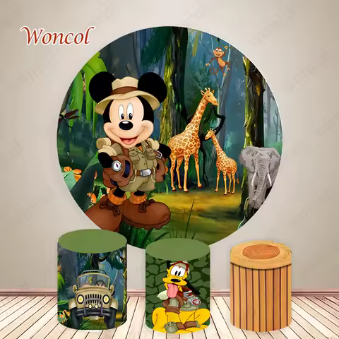 Safari Mickey Mouse Circle Backdrop Boy Birthday Baby Shower Backdrop Jungle Safari Mickey Mouse Cylinder Cover Decorations Prop