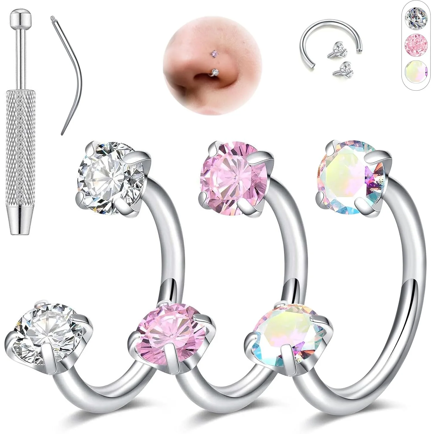 5Pcs Set Horseshoe Shaped Earrings 8mm Horseshoe Shaped Perforated Jewelry Nose Ring Cartilage Spiral-Earmuffs Lip with Tools