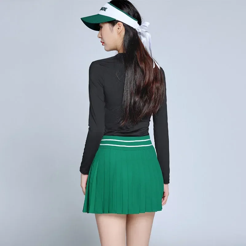 DK Lente Golf T-shirt met lange mouwen Dames Poloshirt met rits Terug Ademende tops Plooirok Anti-blootstelling Groene Skort-pakken