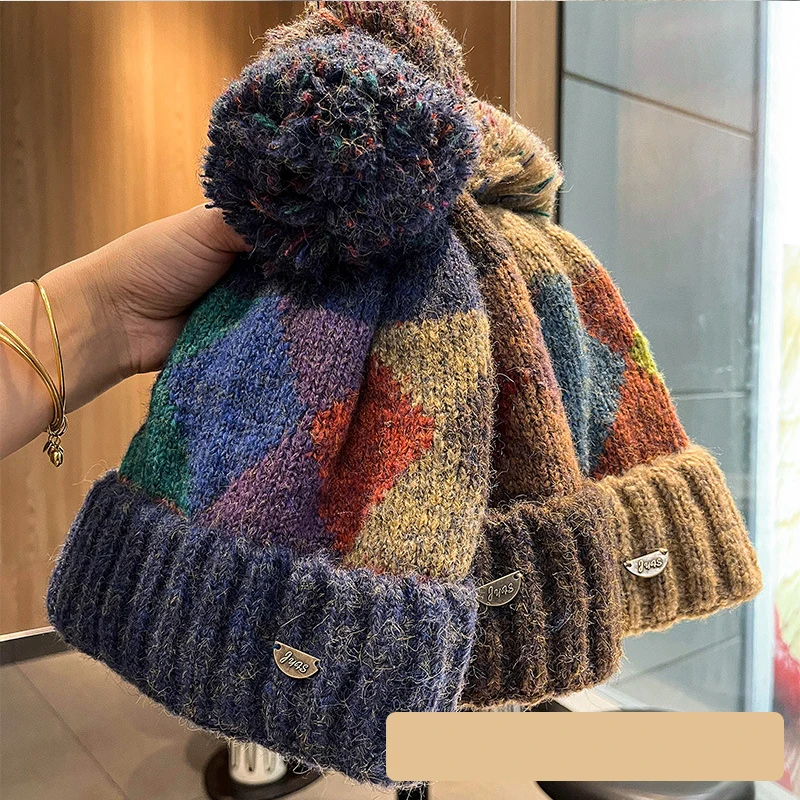 جديد Colorblock الماس نمط بوم بوم قبعة، الشتاء محبوك قبعة مترهل للنساء قبعة كابل سميكة دافئة #1