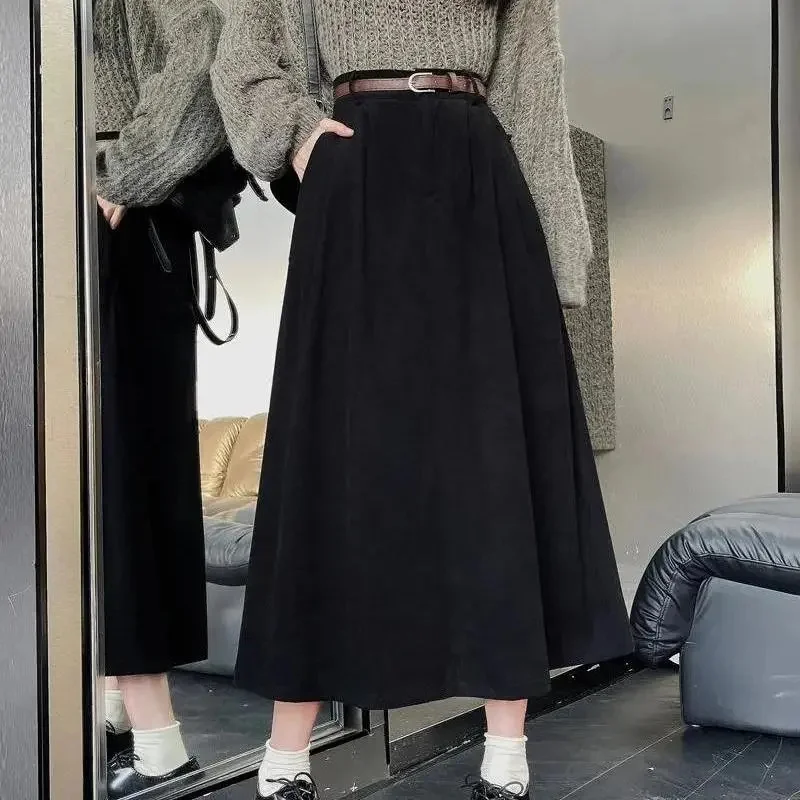 Vintage ceinture velours côtelé jupe Midi femmes taille haute plissée une ligne jupes automne hiver Streetwear coréen décontracté tout Match jupe