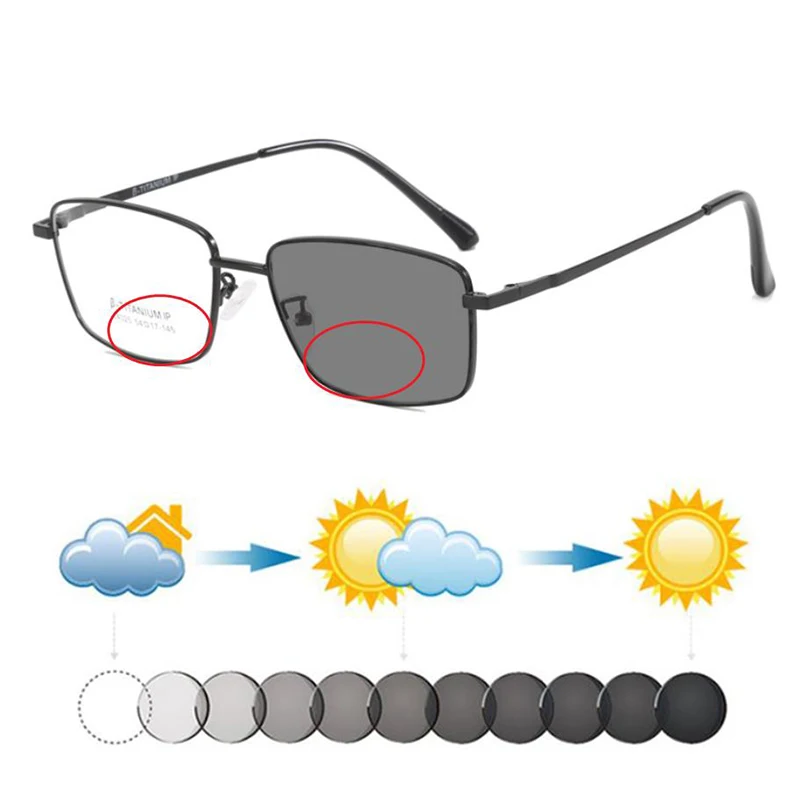 

New Ultralight Titanium Men Business Photochromic Bifocals Rectangle Reading Sunglasses Male Casual Hyperopia Sunnies Spectacles