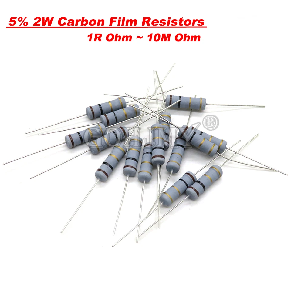 20PCS 2W Carbon Film Resistors 1R-10M 5% 10R 15R 47R 100R 220R 1K 5K 10K 4K7 100K 560K 200K 1M 3M3 Ohm Color Ring Resistance