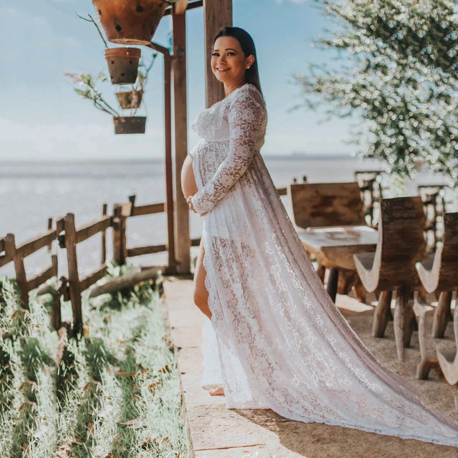 

Women Maxi Lace Dress Long Split Front V-Neck Long Gown Sexy Beach Cover Up Photography Dresses