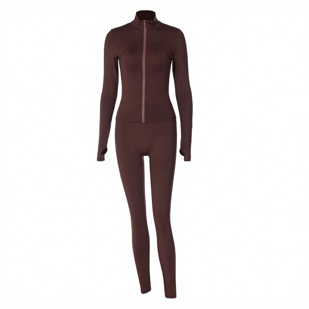 طقم نسائي رياضي بأكمام طويلة وياقة واقفة وسروال رصاص عالي الخصر للكاحل كاجوال للخريف