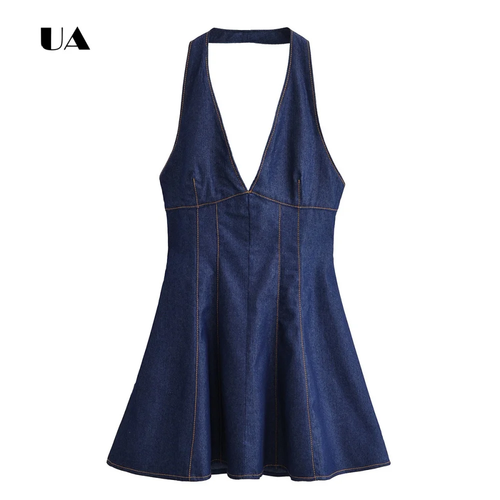 

ULBYANRY Classic Denim Halterneck Mini Dress, Solid Sleeveless Draped Evening Dress for Woman, Simple Fit-and-flare Party Gown