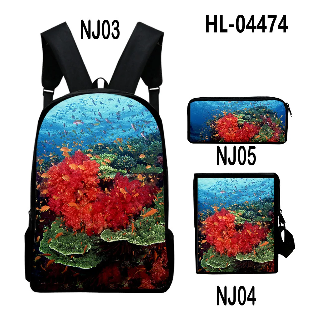 Harajuku Youthful Undersea Scenery Coral 3D Print 3pcs/Set Student Travel bags Laptop Daypack Backpack Shoulder Bag Pencil Case